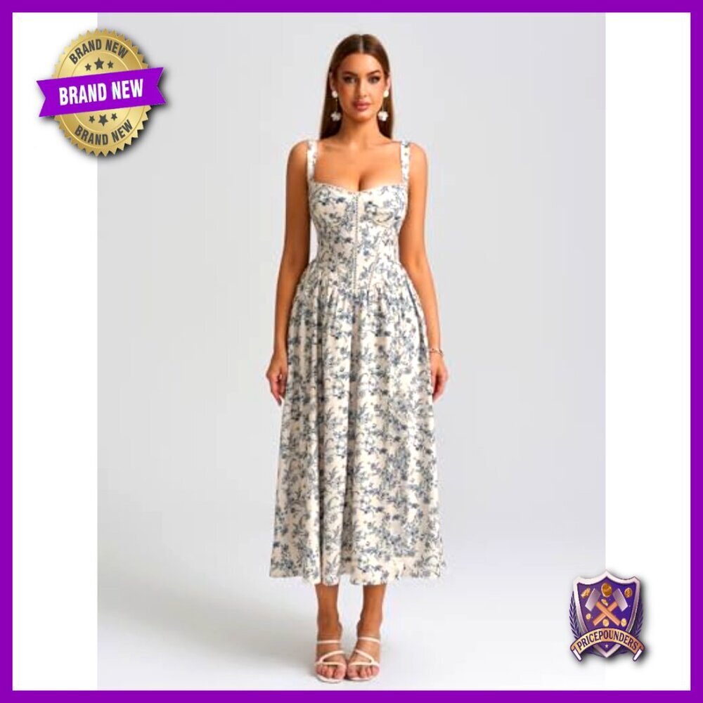 Floral Corset Midi Dress Flowy Slit Summer Wedding Guest Boho Chic - Picture 4 of 7